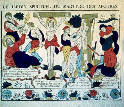 Darstellung der Märtyrer der Apostel Saint James, Saint Philip, Saint Barthelemy und Saint Jude. Gravur des 19. Jahrhunderts. Paris, Museum der Volkskunst und Traditionen von French School