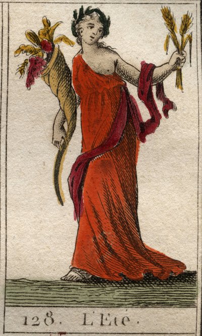Darstellung der Sommerzeit als Ceres, die einen Kranz aus Weizen und ein Füllhorn hält. Aus „Mythologie der Jugend“ von Pierre Blanchard 1803. von French School