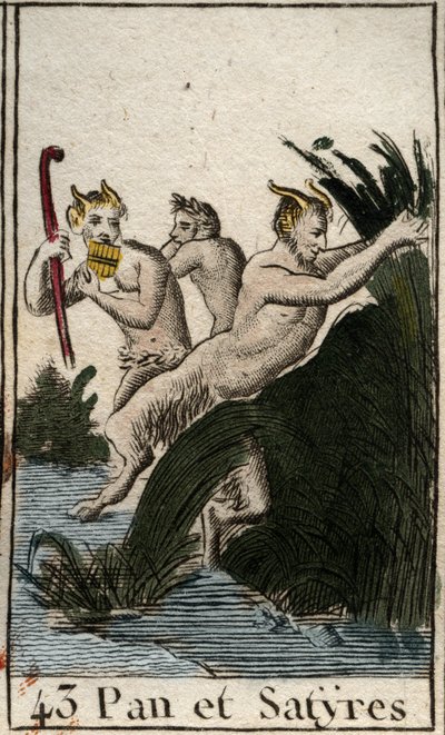 Darstellung des ländlichen Gottes Pan und Satyrn. Er hat behaarte Schenkel, Ziegenfüße und spielt Flöte (Syrinx). Aus „Mythologie der Jugend“ von Pierre Blanchard 1803 von French School
