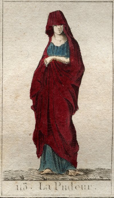 Darstellung der Gottheit der Bescheidenheit, einer jungen Frau mit einem Schleier bedecktem Gesicht. Aus „Mythologie der Jugend“ von Pierre Blanchard 1803 von French School