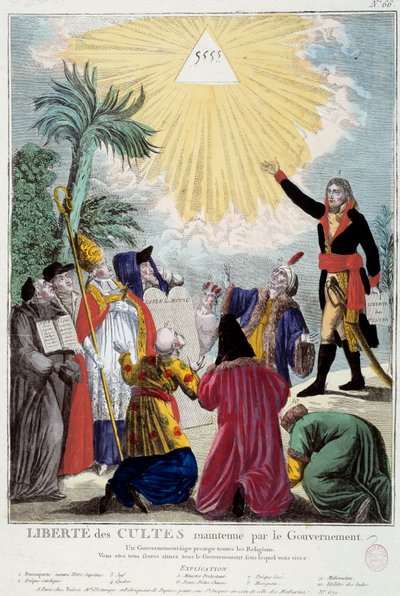 Darstellung der Religionsfreiheit aller Religionen, aufrechterhalten von Napoleon Bonaparte: der erste Konsul zeigt das Dreieck der Dreifaltigkeit, das Gott symbolisiert, vertreten durch die Vertreter jeder Religion: katholischer Bischof, ein Jude, ein Quä von French School
