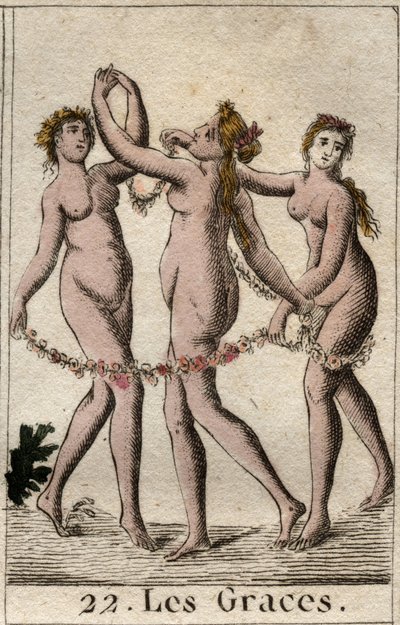 Darstellung der drei Grazien: Aglaia, Thalia und Euphrosyne, Töchter von Venus und Bacchus. Aus „Mythologie der Jugend“ von Pierre Blanchard 1803. von French School