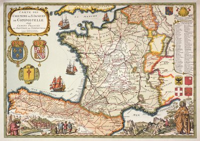 Reproduktion der Karte der Routen des Hl. Jakobus von Compostela, ursprünglich graviert von D. Serveaux 1648 von French School