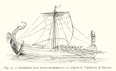 Rekonstruktion eines normannischen Schiffes, XI. Jh.; nach dem Teppich von Bayeux (Stich) von French School