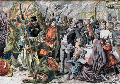 Revolution von 1905 - Aufständische russische Bauern stürmen ein Landhaus. Illustration für Le Petit Journal, 2. April 1905 von French School