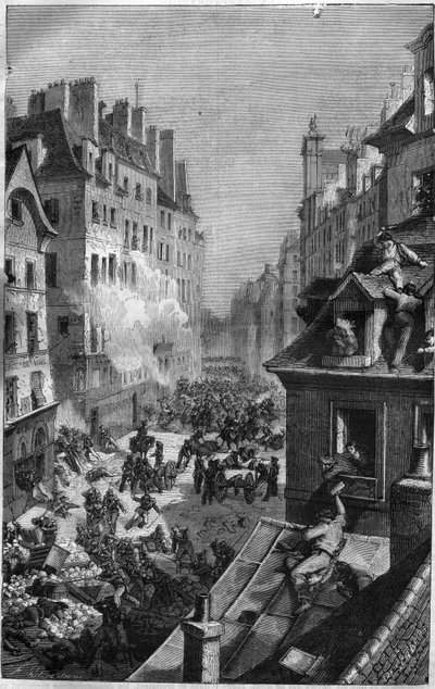 Revolution von 1830: Kampf im Faubourg Saint Antoine. Gravur in „Geschichte der Päpste-Könige-Königinnen und Kaiser durch die Jahrhunderte“ von Maurice Lachatre von French School