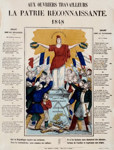 Revolution von 1848 und Geburt der zweiten Republik: Manifest und Lied mit dem Titel „An die Arbeiter, das dankbare Vaterland“, die Republik wird von den Arbeitern begrüßt. 1848 Paris, Musée Carnavalet von French School