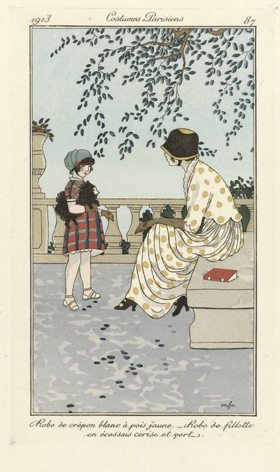 Robe de Crépon blanc à pois jaune - Robe de fillette en écossais cerise et vert, aus Costumes Parisien, veröffentlicht 1913 von French School