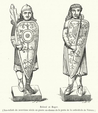 Roland und Roger, Basreliefs aus dem neunten Jahrhundert aus Stein über der Tür der Kathedrale von Verona (Stich) von French School