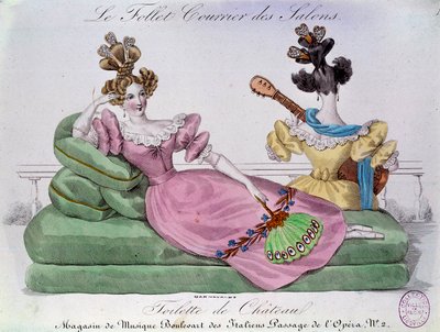 Romantische Mode: Schloss-Toilette. Zwei Frauen mit extravaganten Frisuren auf einem Kanapee. Gravur des 19. Jahrhunderts. Paris, Musée Carnavalet von French School
