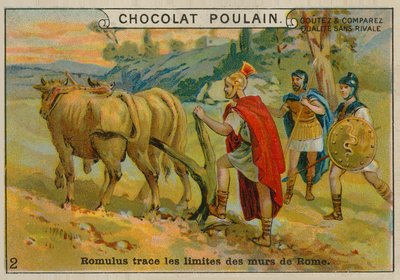 Romulus legt die Grenzen Roms fest, Chocolat Poulain Sammelkarte von French School