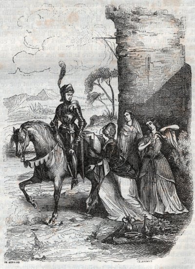 Ruggiero und drei Nymphen vom Hofe Alcinas - Gravur von 1851 aus dem Gedicht Orlando furioso von French School