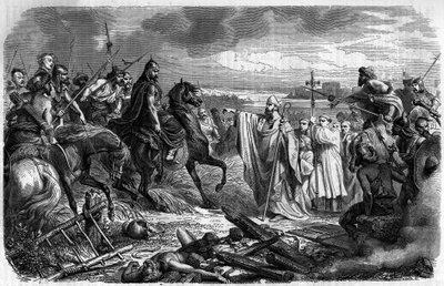 Saint Loup (oder Saint-Loup, ca. 383-479), Bischof von Troyes, rettet die Stadt vor dem Zorn von Attila (ca. 406-453), dem König der Hunnenstämme im Jahr 451 - Barbarische Invasionen - Stich in „Histoire des Papes-Rois-Reines-et-Empereurs à travers les siè von French School