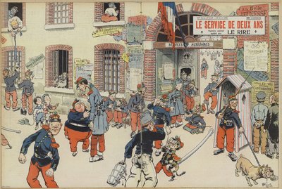 Satire auf die Einführung der Wehrpflicht in die französische Armee. Illustration für Le Rire von French School
