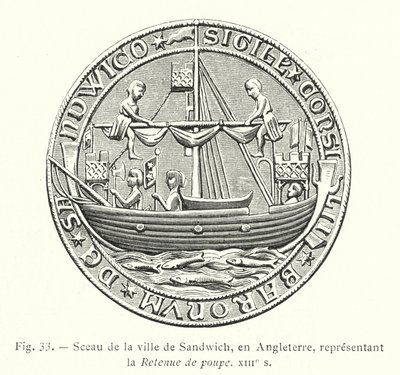 Siegel der Stadt Sandwich, England, Darstellung des Heckkastells, XIII. Jh. (Stich) von French School