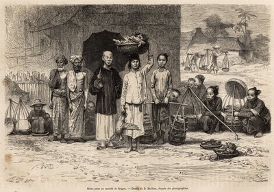 Marktszene in Saigon, Gravur nach einer Zeichnung von D. Maillard, die die Reise nach Cochinchina von Doktor Morice in 1872 illustriert, veröffentlicht in "Le tour du monde" 1875, herausgegeben von Edouard Charton, Hachette-Ausgabe, Paris. Selva-Sammlung von French School