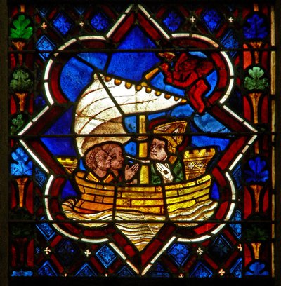 Szene im Ostfenster, Darstellung von St. Samson überquert den Ärmelkanal von French School