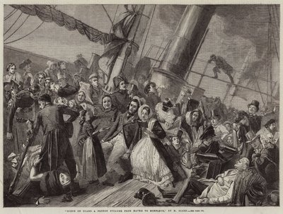 Szene an Bord eines französischen Dampfers von Havre nach Honfleur (Gravur) von French School