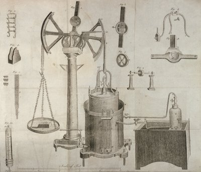 Wissenschaftliche Ausrüstung, aus Die Elemente der Chemie von Antoine Laurent de Lavoisier (1743-94), graviert von D. Lizars, 1796 von French School