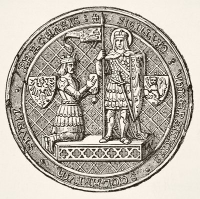 Siegel der Universität Prag, aus Wissenschaft und Literatur im Mittelalter von Paul Lacroix, veröffentlicht in London 1878 von French School