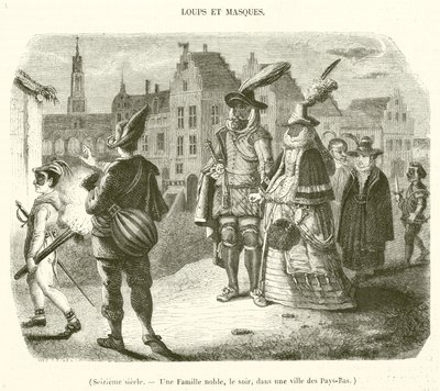Sechzehntes Jahrhundert, eine Adelsfamilie, abends, in einer Stadt der Niederlande (Gravur) von French School