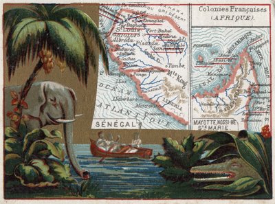 Senegal, Mayotte, Ile de Sainte Marie, Nossi Be (Nossi-be oder Nosy-be oder Nosy be), Afrika. Elefant, Krokodil und Boot in einem Fluss. Serie über die französischen Kolonien. Chromolithographie „der geografische Faden“, um 1920. Private Sammlung von French School