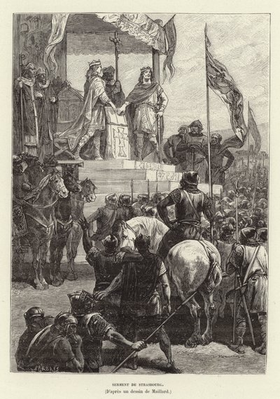 Eide von Straßburg, das Bündnis zwischen Ludwig dem Deutschen und Karl dem Kahlen, Könige von Ost- und Westfranken, 842 (Stich) von French School