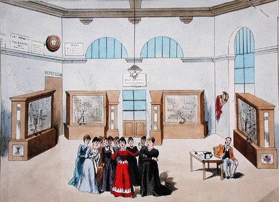 Bühnenbild für eine Operette mit Frauen als Telefonistinnen in einer zentralen Telefonzentrale, späte 19. Jahrhundert (Farblithografie) von French School