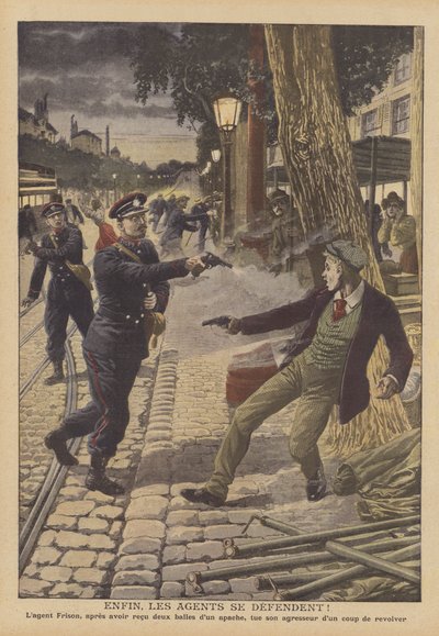 Schießerei zwischen Polizei und Verbrechern auf einer Straße in Paris von French School