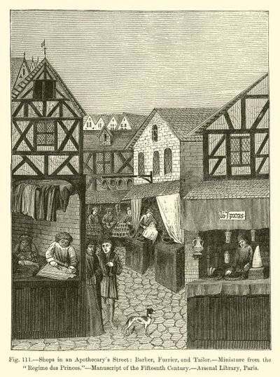 Läden in einer Apothekerstraße: Barbier, Kürschner und Schneider von French School