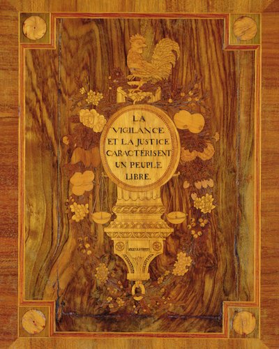 Anrichte mit Marketerie-Detail eines revolutionären Wappens, Emblemen und Geräten der Wachsamkeit und Gerechtigkeit von French School
