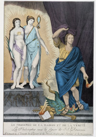 Zeitalter der Aufklärung: „Der Triumph der Vernunft und Wahrheit“: unter der Figur von Jean Jacques Rousseau entdeckt die Philosophie dem Universum Vernunft und Wahrheit, verhüllt durch Irrtum und Lüge, dargestellt durch einen Drachen und die Attribute des von French School