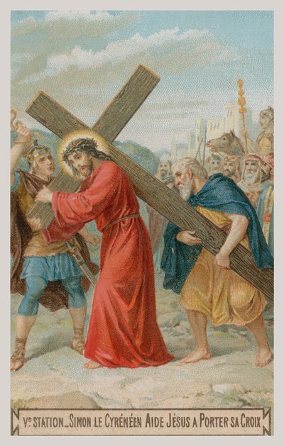 Simon von Kyrene hilft Jesus, das Kreuz zu tragen. Die fünfte Station des Kreuzwegs von French School
