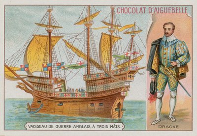 Sir Francis Drake und ein dreimastiges englisches Kriegsschiff von French School