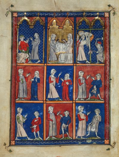 Joseph von Arimathäa bittet um den Leib Christi, Joseph und eine Frau mit Leichentüchern und die Kreuzabnahme, darunter zwei Frauen, die einem Arzt eine erkrankte Brust zeigen, und vier Männer mit verschiedenen Genitalerkrankungen von French School
