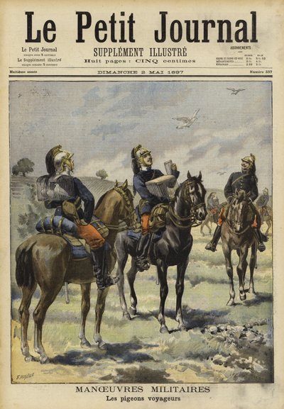 Soldaten nutzen Brieftauben bei Militärmanövern, Soissons, Frankreich von French School