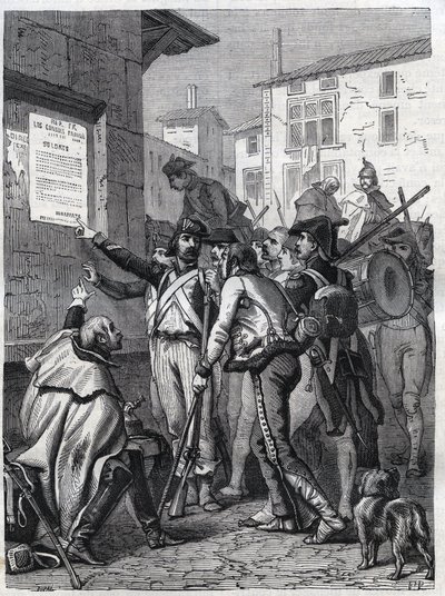 Soldaten, eure Bedürfnisse sind groß: Französische Soldaten lesen die Proklamation von General Bonaparte im November 1799 - Gravur von 1865 in „Histoire du Consulat et de l