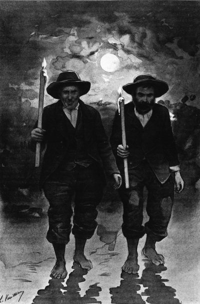 Quelle und Kranker: zwei Männer, eine Vollmondnacht, jeder hält eine Kerze und geht barfuß (Prozession?) - im „Journal des voyages“ von French School