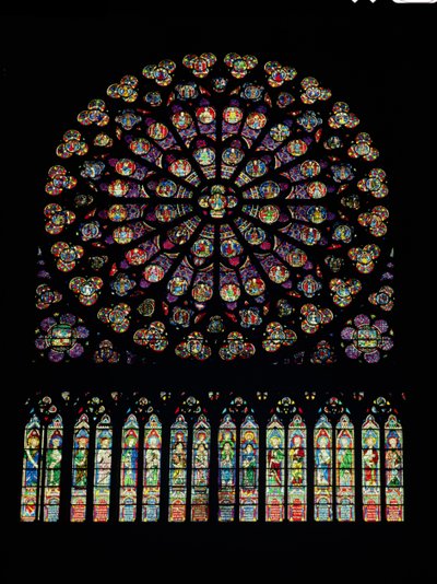 Südtransept-Rosenfenster, das Christus im Zentrum umgeben von Heiligen und den zwölf Aposteln darstellt von French School