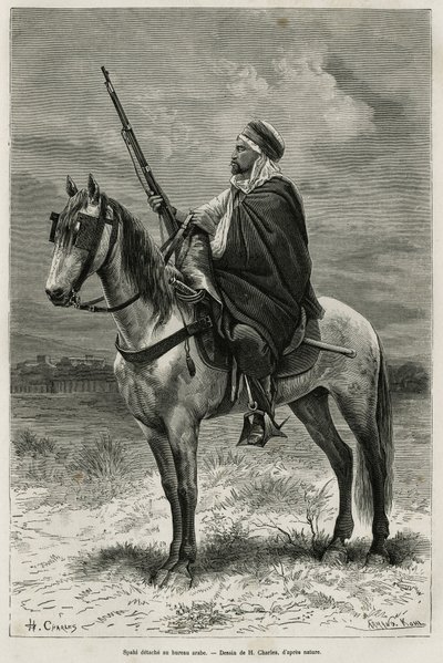Spahi, effizienter Reiter und Schrecken, der zur Eroberung Algeriens beiträgt, im Dienst Frankreichs, abgelöst im Arabischen Büro, Gravur nach einer Zeichnung von H. Charles, zur Illustration der Geschichte Tebessa und seiner Denkmäler (Algerien), von A. H von French School