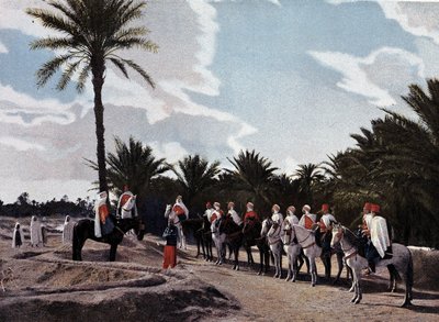 Spahis: Patrouille aus dem Süden, der einheimische Hauptmann berichtet seinem europäischen Schwadronführer von seiner Mission - in „Album militaire“ - Spahis von French School