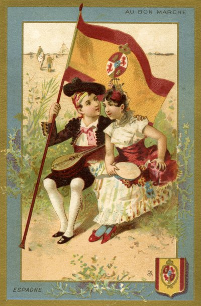 Spanischer Junge und Mädchen, aus einer Serie von Illustrationen von Kindern aus verschiedenen Ländern, produziert als Werbekarten für das Bon Marché Kaufhaus in Paris, ca. 1890 von French School