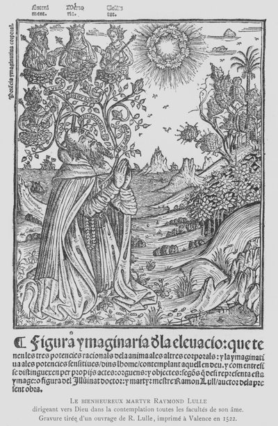 Spanischer Philosoph und Franziskanertertiar Ramon Llull in Kontemplation, alle Fähigkeiten seiner Seele auf Gott richtend von French School