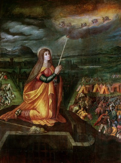 St. Genevieve betet, um das Kommen von Attila und seinen Hunnen abzuwenden von French School