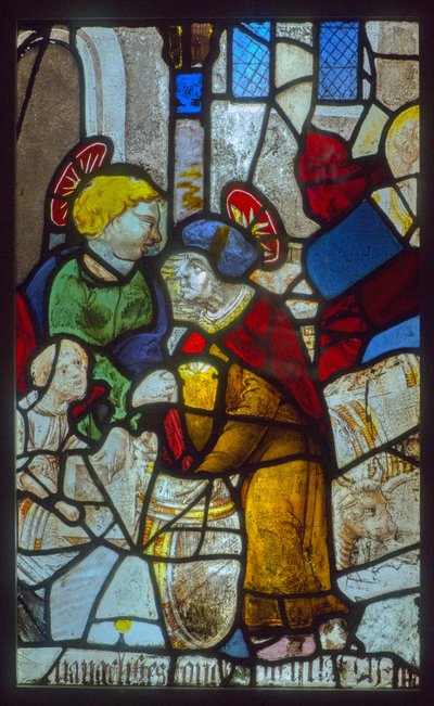 Buntglasfenster, die Evangelisten lagern die Fässer (Thema der mystischen Presse) von French School