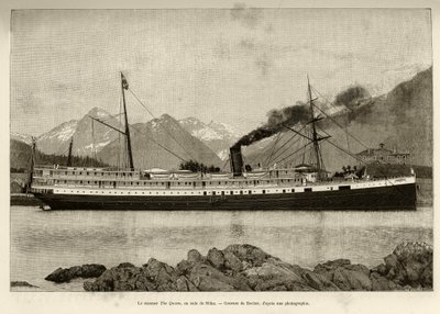 Dampfer The Queen, im Hafen von Sitka (Alaska, USA). Gravur von Bocher, 1890, in Le tour du monde, nouveau journal des voyages, herausgegeben von Edouard Charton (1807-1890), 2. Semester 1891, Ausgabe Hachette, Paris von French School