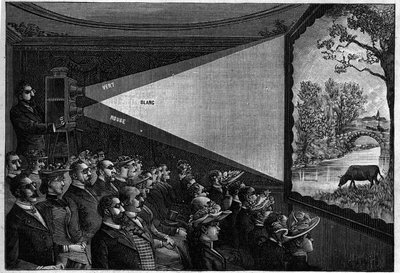 Stereoskopische Projektionen: Die Lichtstrahlen in verschiedenen Farben überlagern den Bildschirm. Die Zuschauer tragen Brillen und farbige Gläser. (La Nature. Revue des sciences et de ses applications aux arts et à l