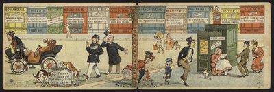 Straßenszene mit einer Reihe geschlossener Geschäfte und einer geschlossenen öffentlichen Toilette von French School