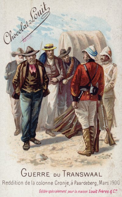 Übergabe der Kolonne von Piet Cronje an die Briten, Paardeberg, März 1900 (Chromolithografie) von French School