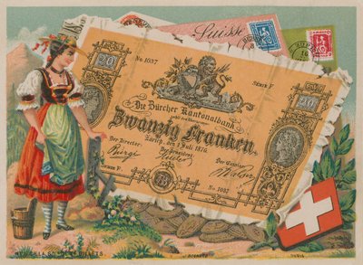 Schweizer Mädchen in traditioneller Tracht und 20-Franken-Banknote von French School